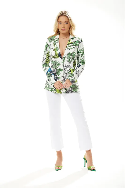 Liquorish Women's Bird & Floral Print Blazer in White Size: 10 - White