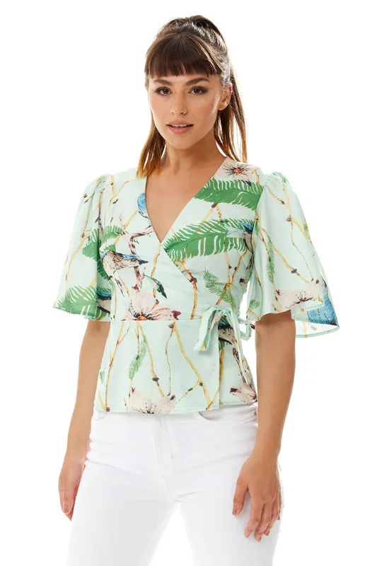 Liquorish Women's Bird Print Wrap Top in Mint Green Size: 12 Green