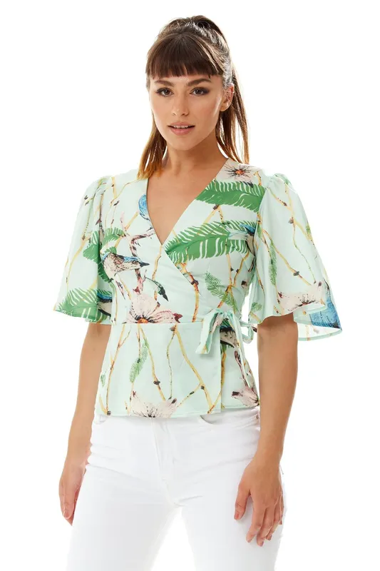 Liquorish Women's Bird Print Wrap Top in Mint Green Size: 10 - Green