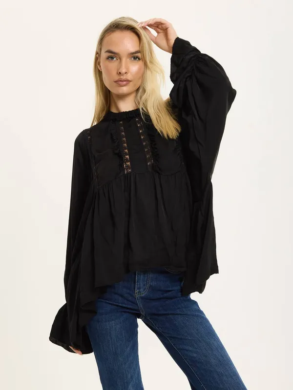 Liquorish Women's Black Boho Lace Detail Blouse Black female