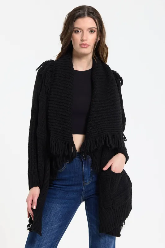 Liquorish Women's Black Fringe Knit Cardigan Black female