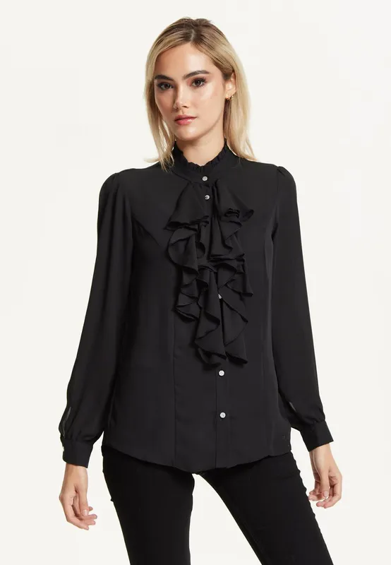 Liquorish Women's Black Ruffle Front Blouse Size: 20 - Black