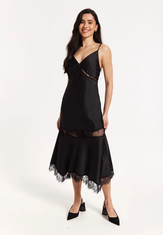 Liquorish Women's Black Satin Lace Midi Slip Dress Size: 8 Black 8