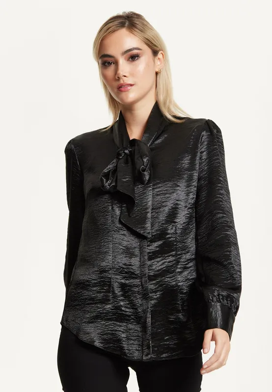 Liquorish Women's Black Satin Pussy-Bow Blouse Size: 12 Black