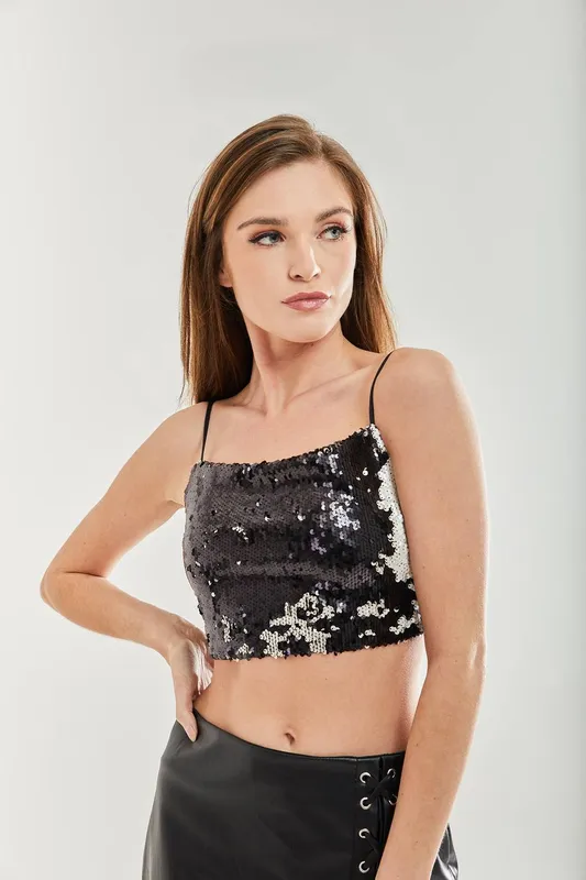 Liquorish Women's Black Sequin Crop Top Size: Small Black female