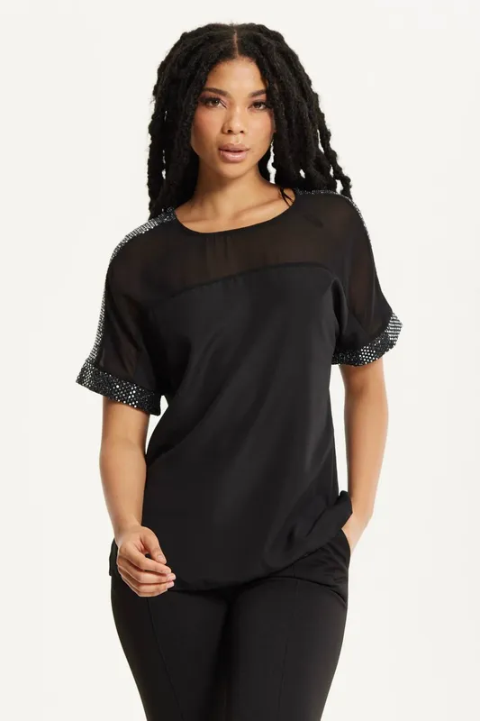 Liquorish Women's Black Sheer Sequin Trim Top Size: 14 - Black