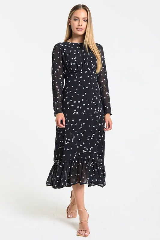 Liquorish Women's Black Star Print Midi Dress Size: 12 Black 12