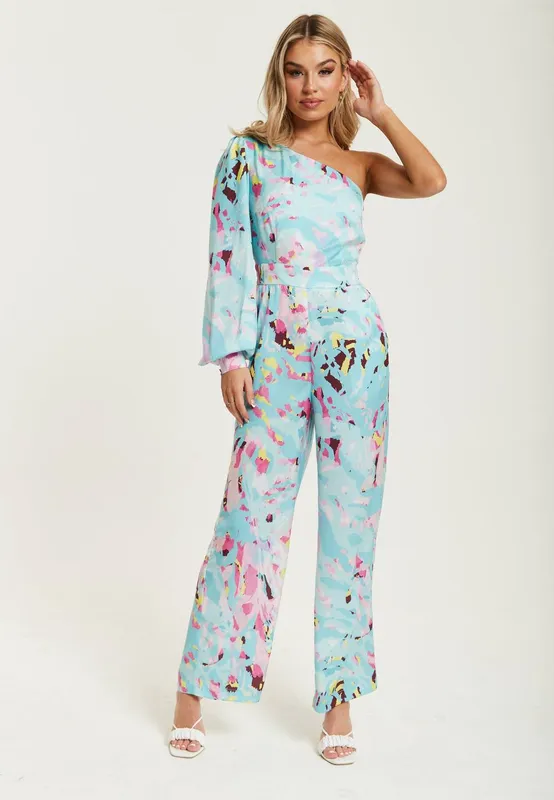 Liquorish Women's Blue Abstract Print One Shoulder Jumpsuit Size: 14 - Blue