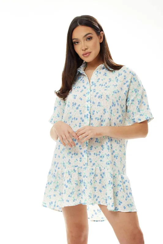 Liquorish Women's Blue Floral Mini Shirt Dress in White Size: 16 - White - Size: 16