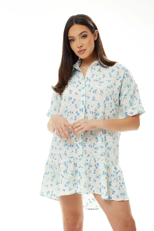 Liquorish Women's Blue Floral Mini Shirt Dress in White Size: 8 White 8