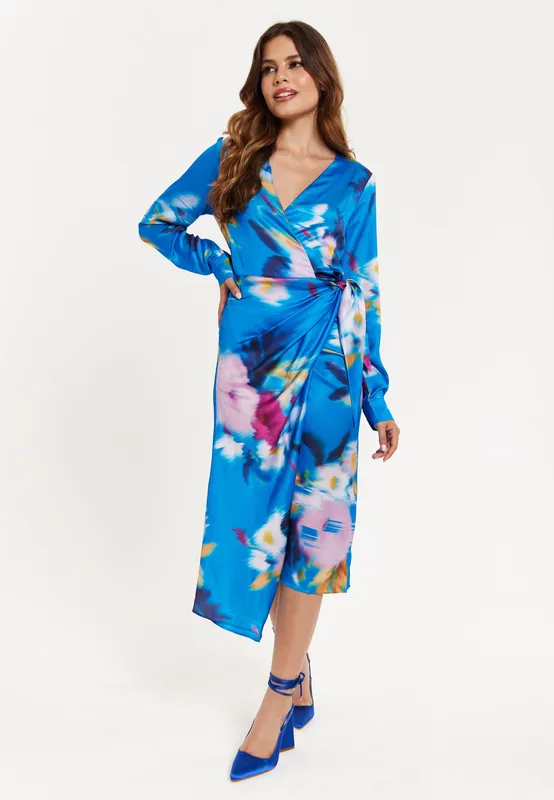 Liquorish Women's Blue Floral Satin Wrap Midi Dress Size: 10 Blue 10
