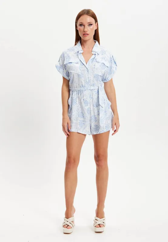 Liquorish Women's Blue Leaf Printed Playsuit Size: 14 - Blue