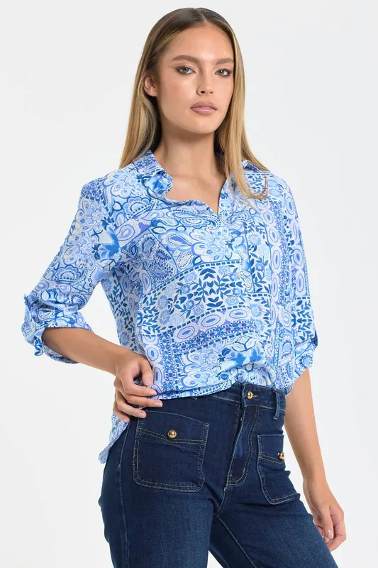 Liquorish Women's Blue Paisley Print Shirt Size: 14 - Blue