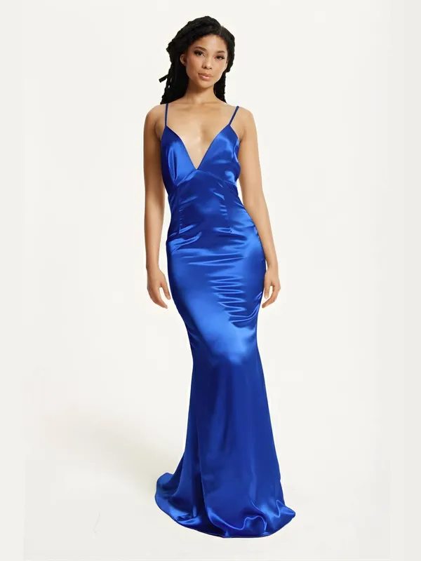 Liquorish Women's Blue Satin Plunge Maxi Dress Size: 6 Blue 6
