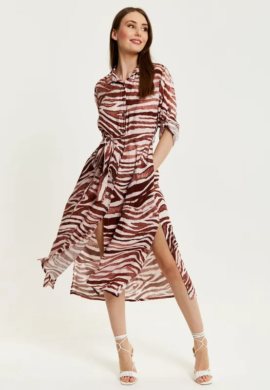 Liquorish Women's Brown Zebra Print Midi Shirt Dress Size: 8 Brown 8