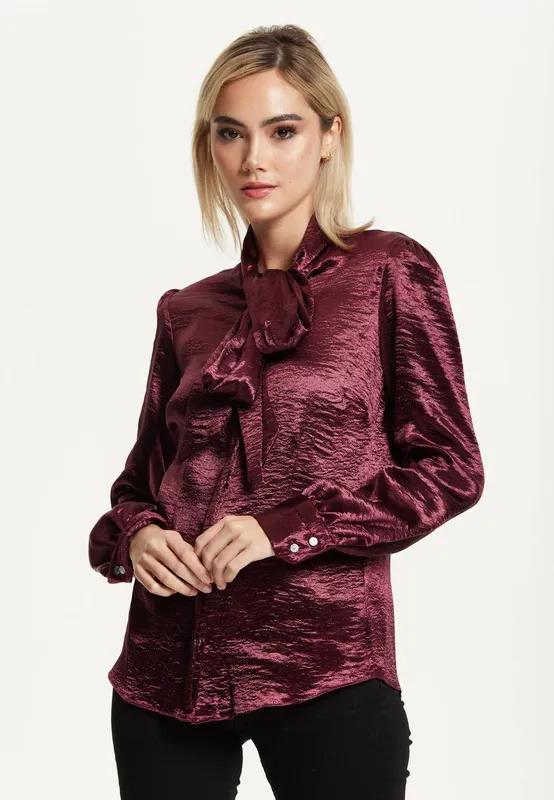 Liquorish Women's Burgundy Satin Tie Neck Blouse Size: 14 - Burgundy