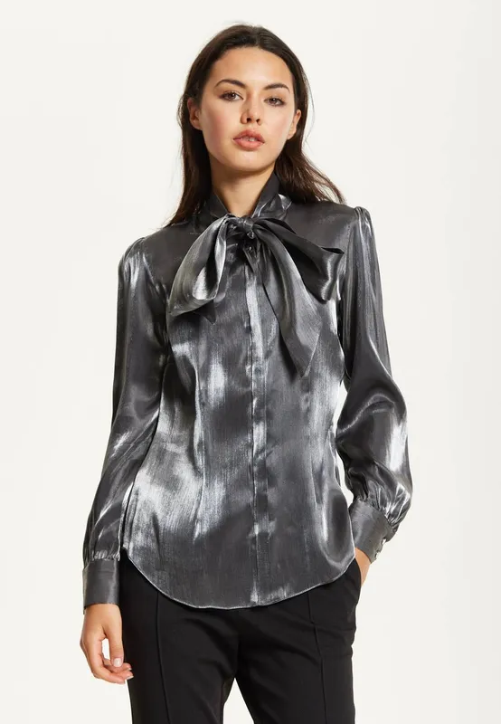 Liquorish Women's Charcoal Metallic Pussybow Blouse in Grey Size: 18 Grey female