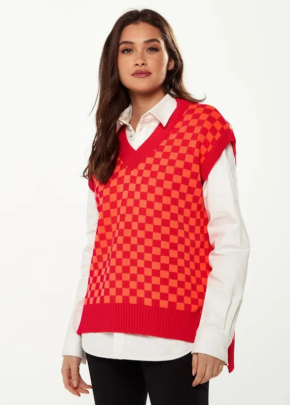 Liquorish Women's Chequered Knitted Vest in Orange & Red Red One Size