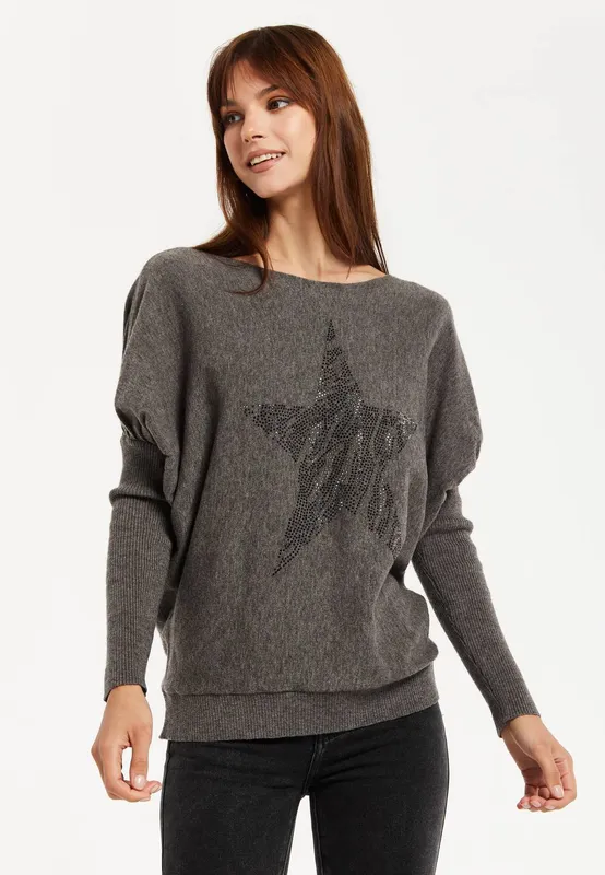 Liquorish Women's Dark Grey Sparkly Zebra Star Jumper Size: Large - Grey - Size: L
