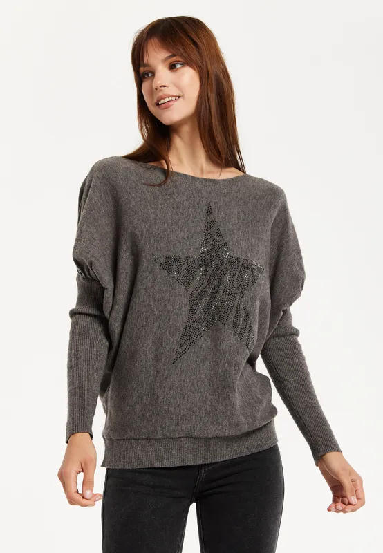 Liquorish Women's Dark Grey Sparkly Zebra Star Jumper Size: Medium - Grey