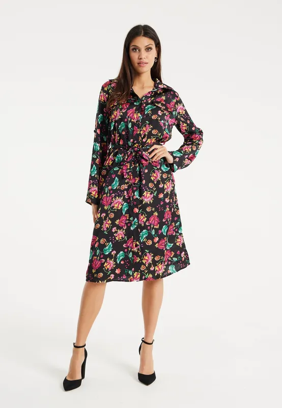 Liquorish Women's Floral Print Shirt Dress in Black Size: 14 - Black