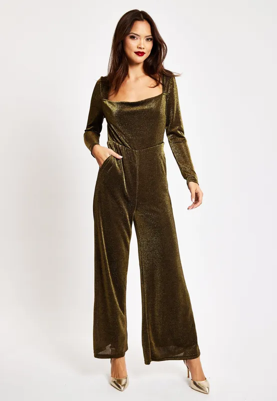 Liquorish Women's Gold Cowl Neck Lurex Jumpsuit Size: 14 Gold