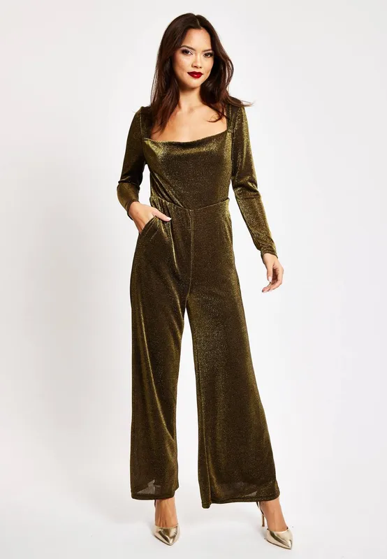 Liquorish Women's Gold Cowl Neck Lurex Jumpsuit Size: 8 Gold