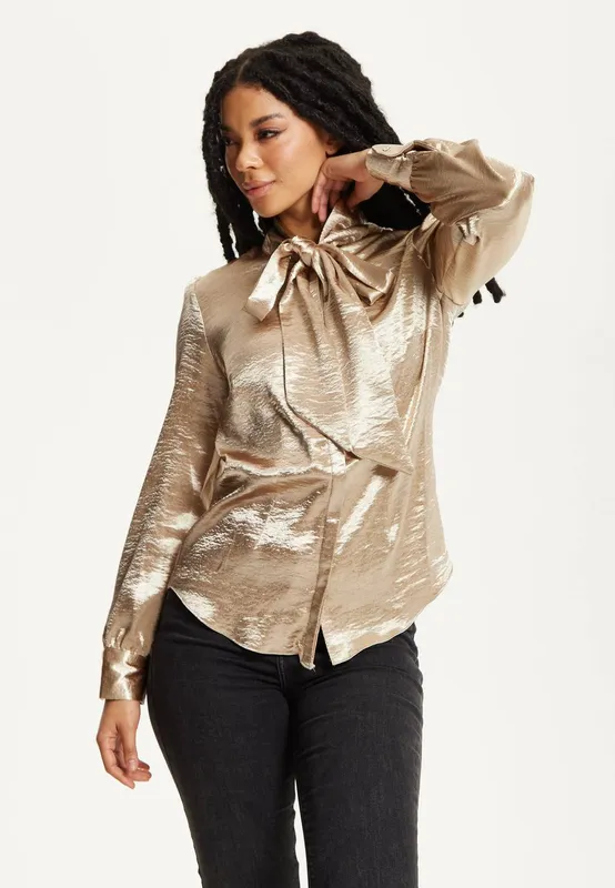 Liquorish Women's Gold Satin Bow Blouse Size: 18 - Gold