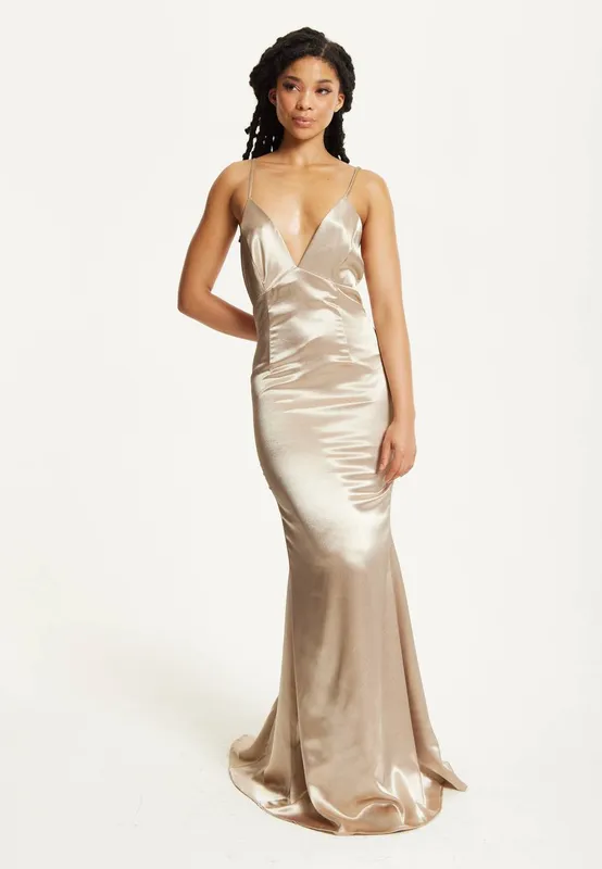 Liquorish Women's Gold Satin Plunge Maxi Dress Size: 8 - Gold