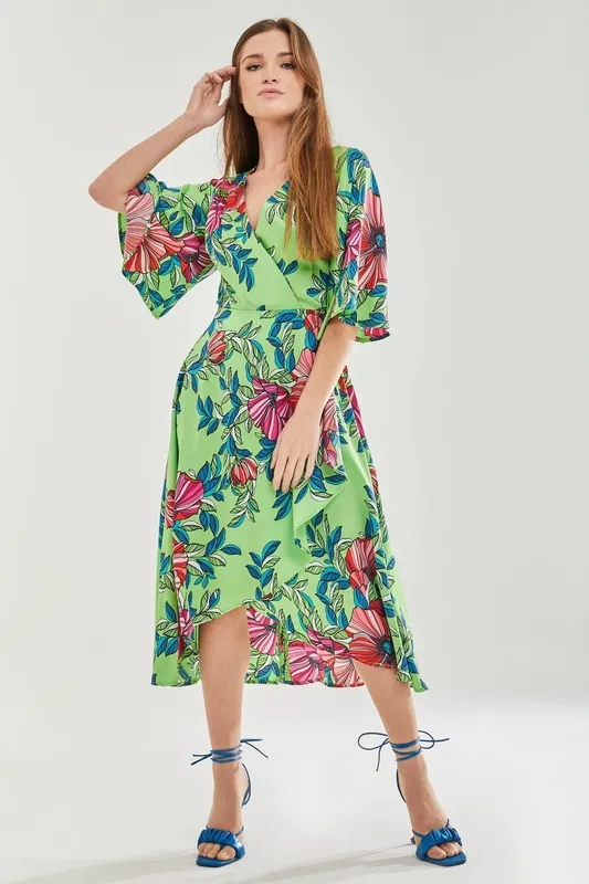 Liquorish Women's Green Floral Midi Wrap Dress Size: 12 - Green - Size: 12