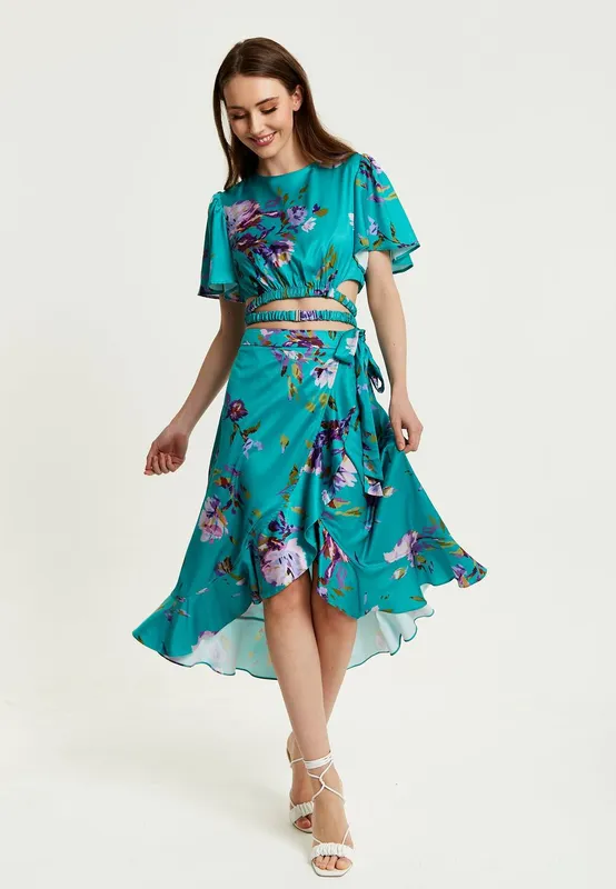 Liquorish Women's Green Floral Print Midi Wrap Skirt Size: 12 - Green