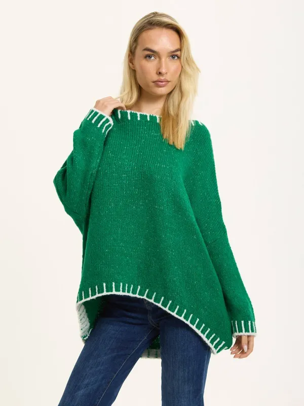 Liquorish Women's Green Wool Blend Jumper White Trim - Green