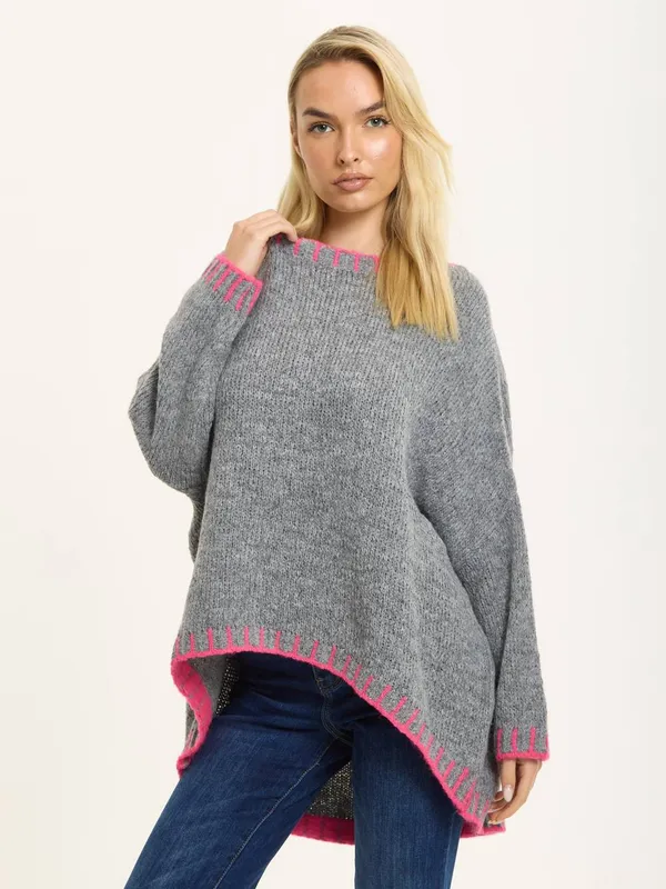 Liquorish Women's Grey Wool Blend Jumper Neon Pink Trim - Grey