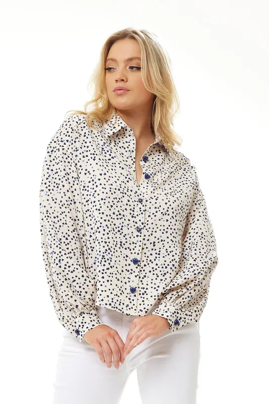 Liquorish Women's Heart Print Shirt in Cream in White Size: 14 - White