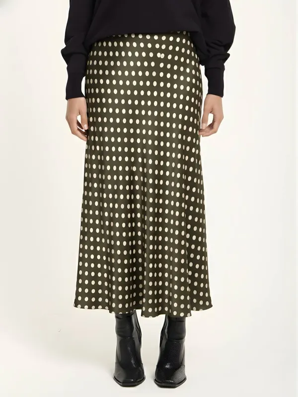 Liquorish Women's Khaki Polka Dot Satin Midi Skirt Khaki One Size