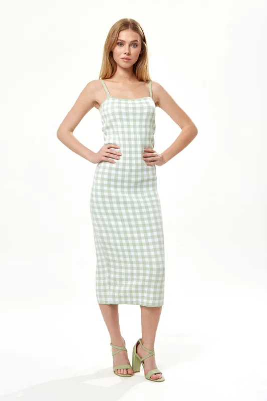 Liquorish Women's Knitted Dress in Green & White Check Size: S/M Green S/M