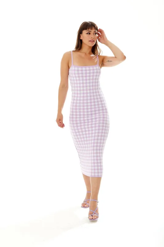 Liquorish Women's Knitted Midi Dress in Lilac & White Check Size: S/M Lilac