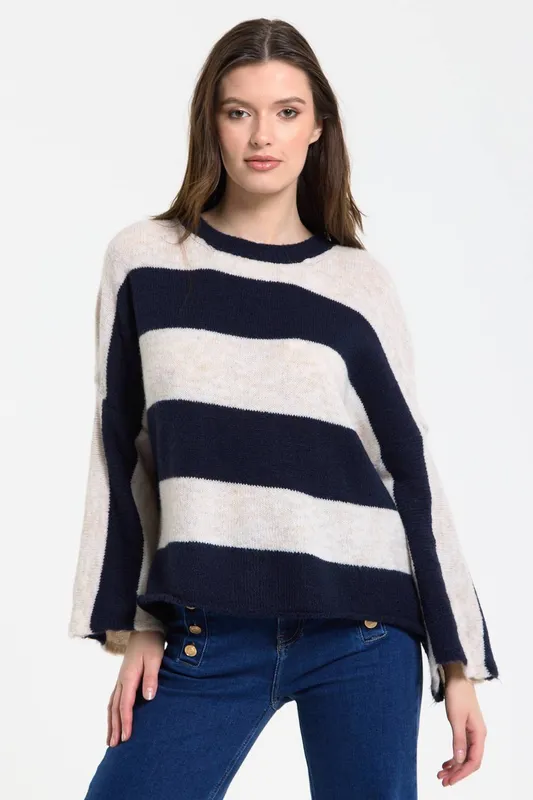 Liquorish Women's Navy Cream Stripe Wool Blend Jumper - Navy