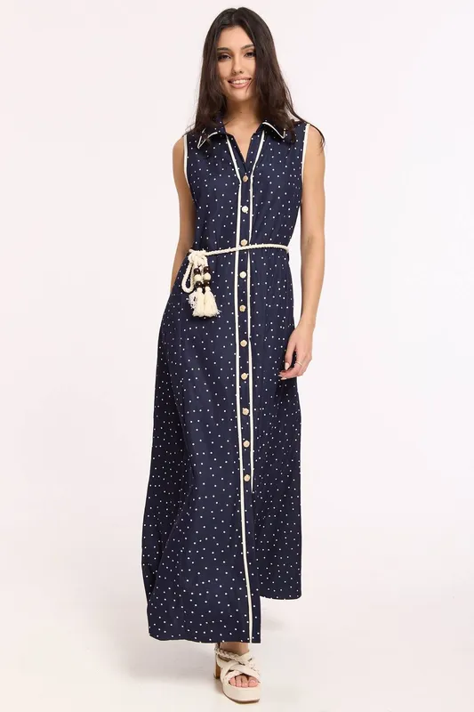 Liquorish Women's Navy Polka Dot Button Maxi Dress Size: S/M Navy
