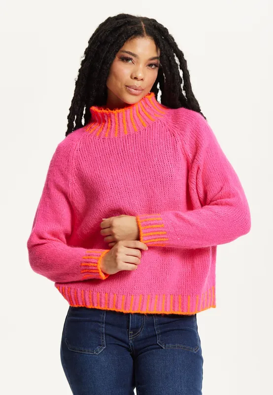 Liquorish Women's Neon Trim Wool Blend Jumper – Dark Pink - Dark Pink