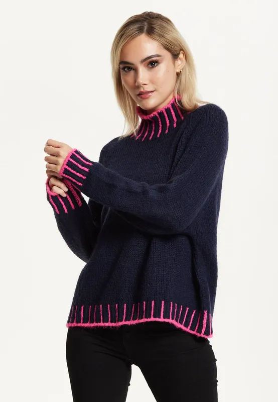 Liquorish Women's Neon Trim Wool Blend Jumper – Navy - Navy