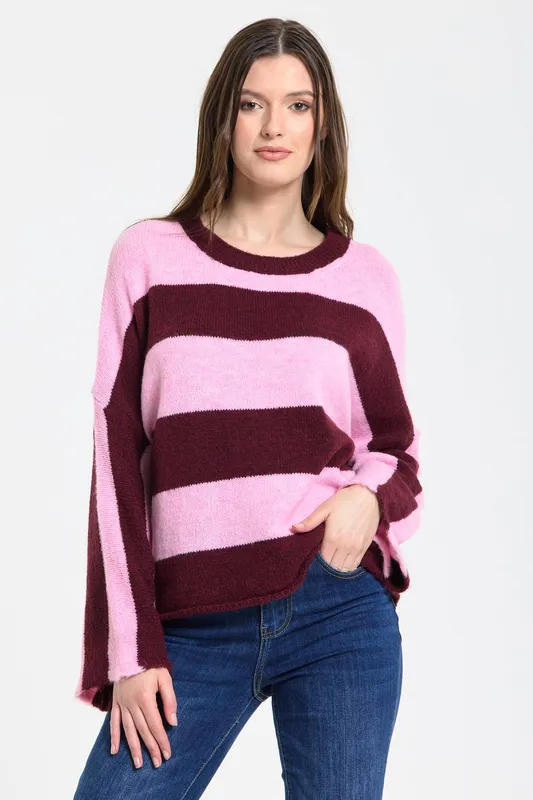Liquorish Women's Pink Burgundy Stripe Wool Blend Jumper Burgundy female