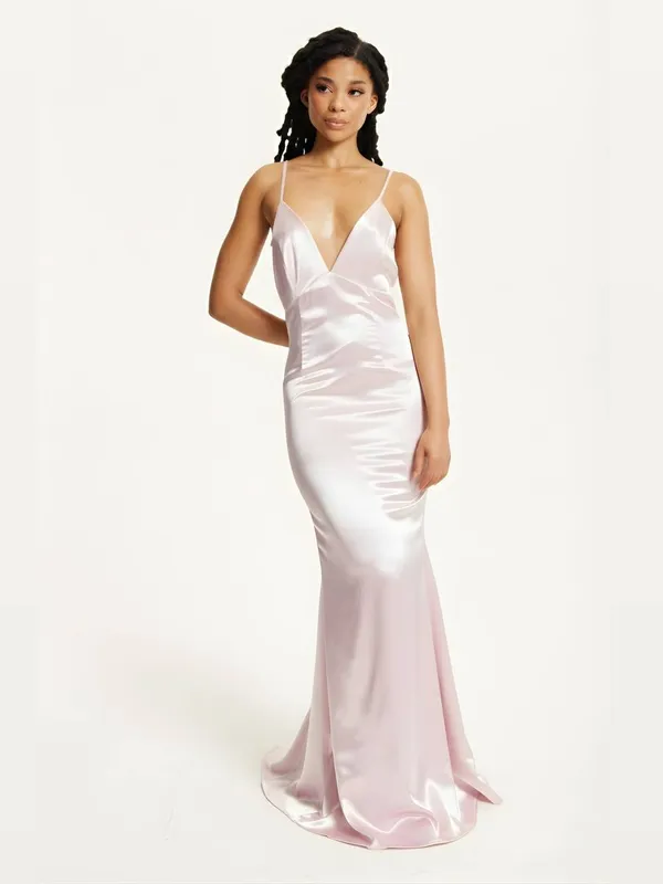 Liquorish Women's Pink Satin Plunge Maxi Dress Size: 12 - Pink