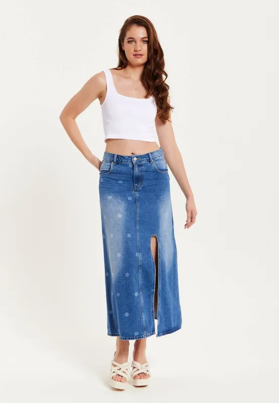 Liquorish Women's Polka Dot Midi Denim Skirt in Blue Size: 8 - Blue - Size: 8