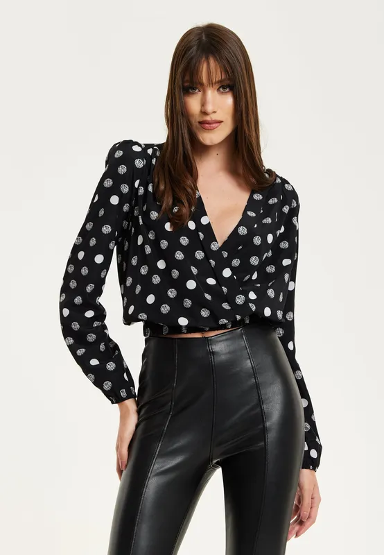Liquorish Women's Polka Dot Print Wrap Top In Black Size: 10 Black 10