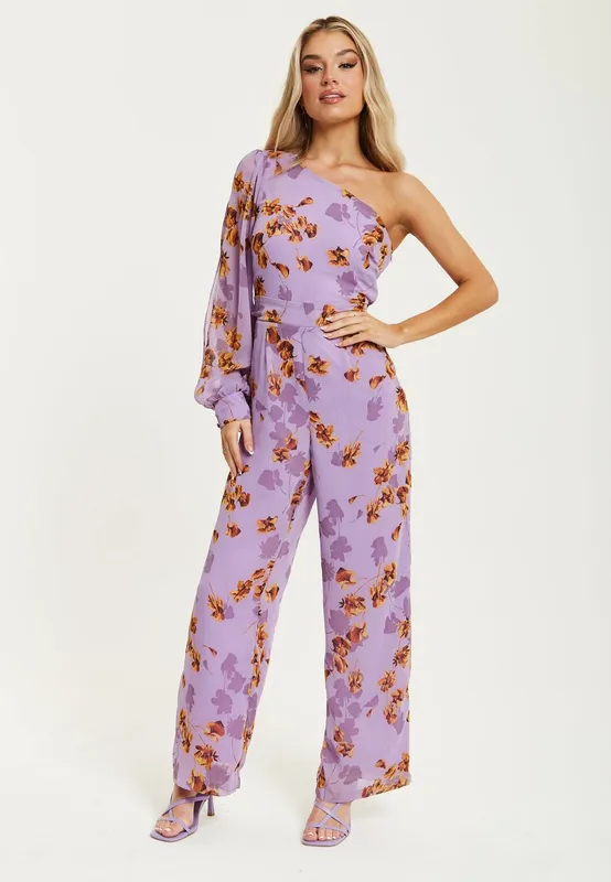Liquorish Women's Purple Floral Asymmetrical Jumpsuit Size: 8 - Purple