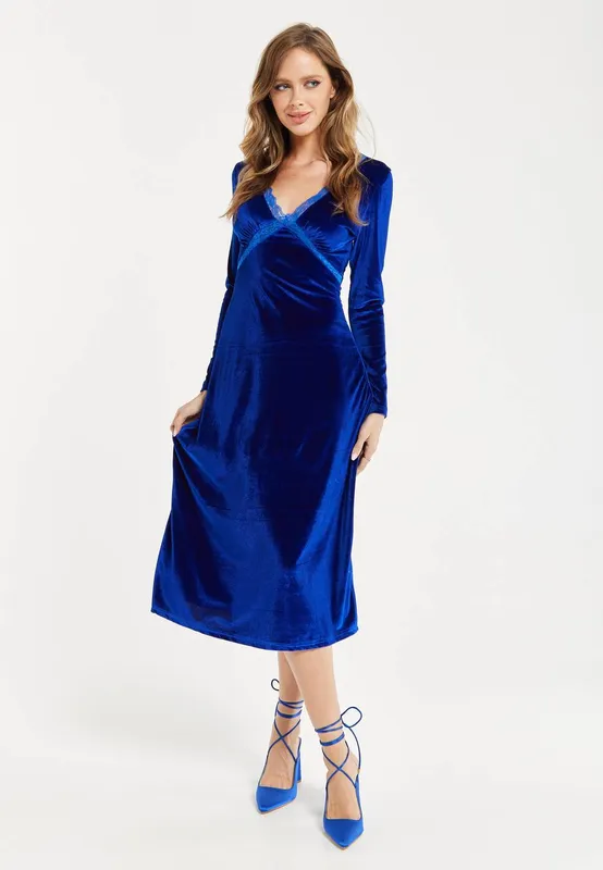 Liquorish Women's Royal Blue Velvet Midi Dress Size: 8 - Blue