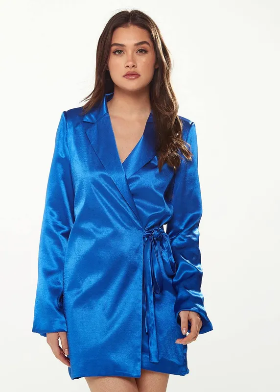 Liquorish Women's Satin Blazer Wrap Dress in Blue - Blue