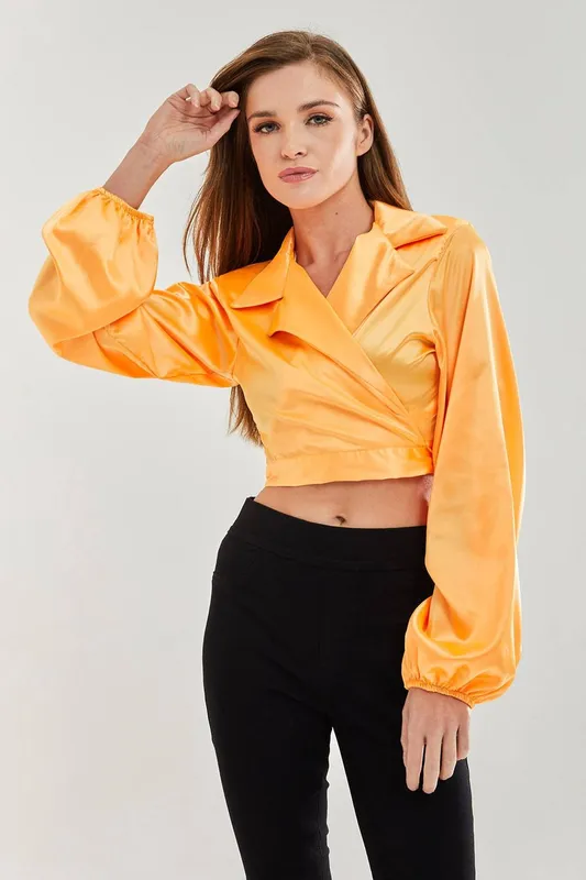 Liquorish Women's Satin Wrap Top in Orange Size: Small - Orange