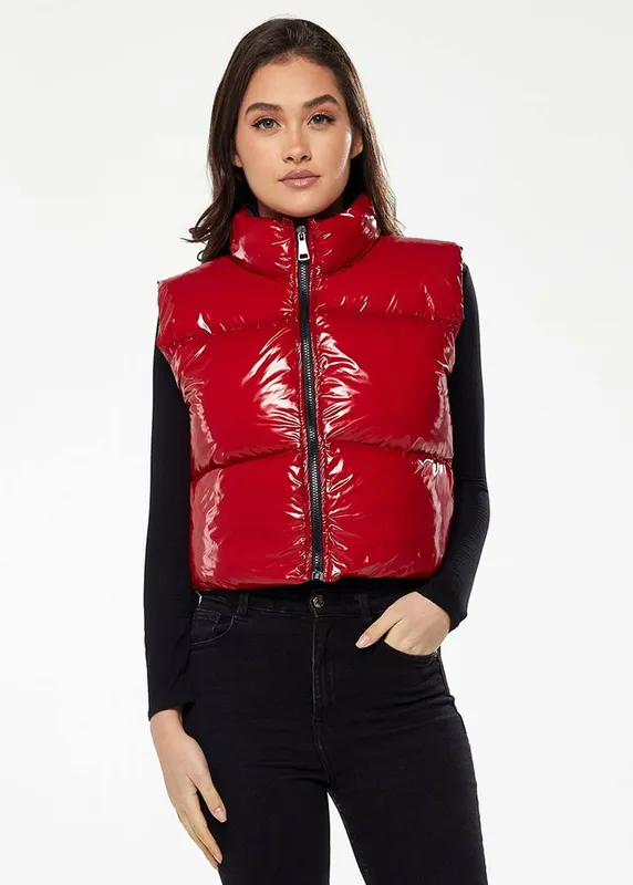 Liquorish Women's Wet Look Gilet in Red Size: Small Red S
